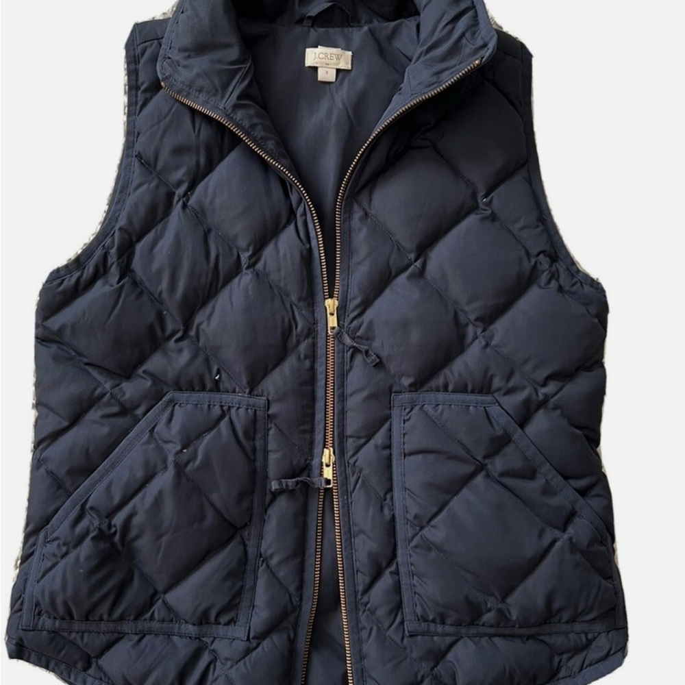 J.CREW Vest Navy Blue Quilted Down Puffer Woman’s Sm Gold Double Zipper Like New